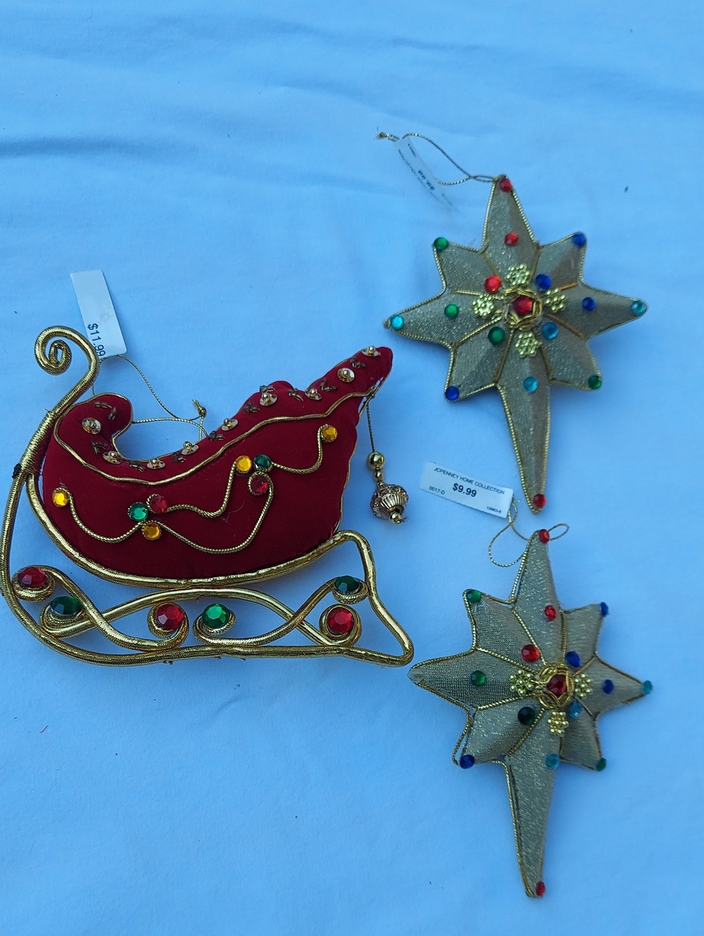 Holiday Red Velvet Sleigh & Gold Star Ornaments Set